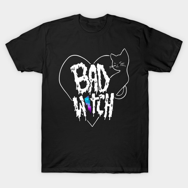 Bad Witch Galaxy Aesthetic Wiccan Halloween Black Cat T-Shirt by Prolifictees